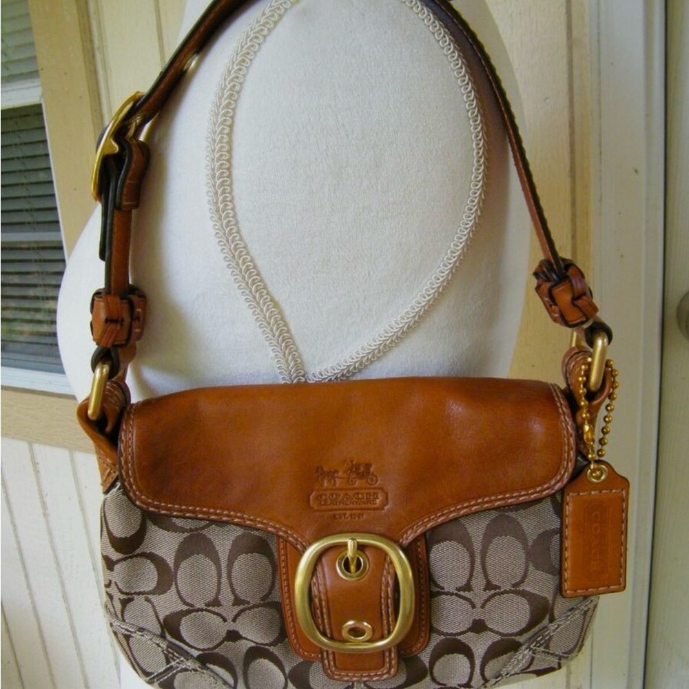Coach Brown and Cream Shoulder Bag with Flap Closure and Gold Hardware